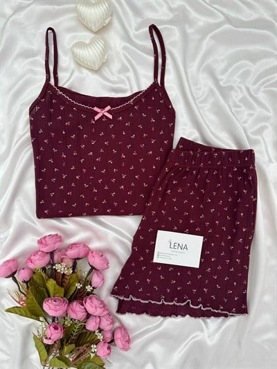 Mürdüm Çiçek Pamuklu Şortlu Pijama Takımı