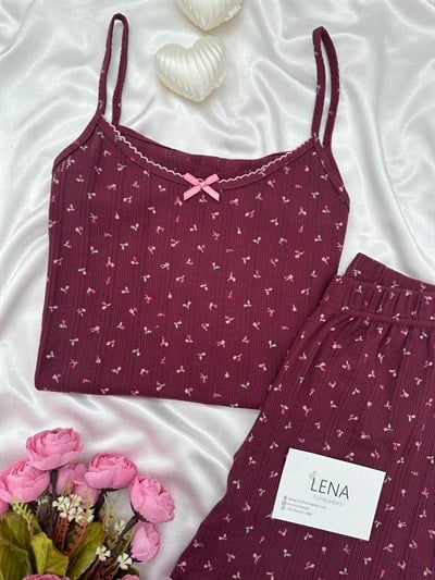 Mürdüm Çiçek Pamuklu Şortlu Pijama Takımı