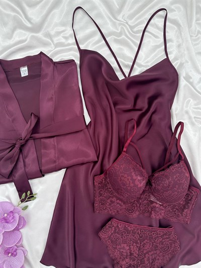 Mürdüm Jasmin Dörtlü Gecelik & Çamaşır Seti