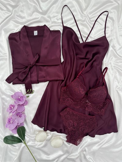 Mürdüm Jasmin Dörtlü Gecelik & Çamaşır Seti