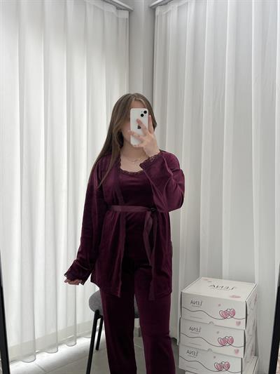 Mürdüm Kadife Sabahlıklı Kadın Pijama Takımı