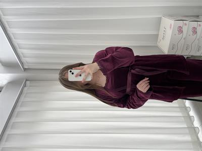 Mürdüm Kadife Sabahlıklı Kadın Pijama Takımı