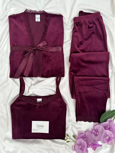 Mürdüm Kadife Sabahlıklı Kadın Pijama Takımı