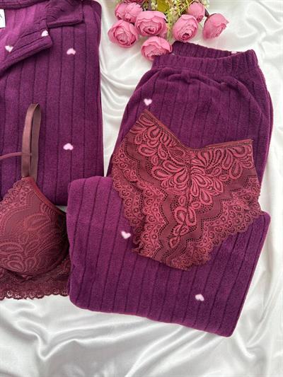 Mürdüm Kalp Desenli  Dörtlü Polar Pijama Seti