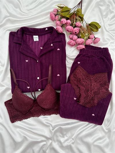 Mürdüm Kalp Desenli  Dörtlü Polar Pijama Seti