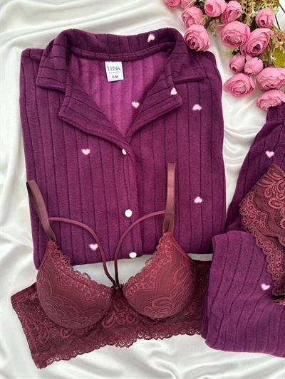 Mürdüm Kalp Desenli  Dörtlü Polar Pijama Seti