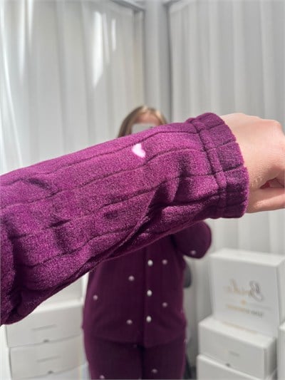 Mürdüm Kalp Desenli Peluş Pijama Takımı
