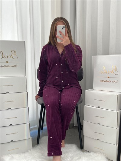Mürdüm Kalp Desenli Peluş Pijama Takımı
