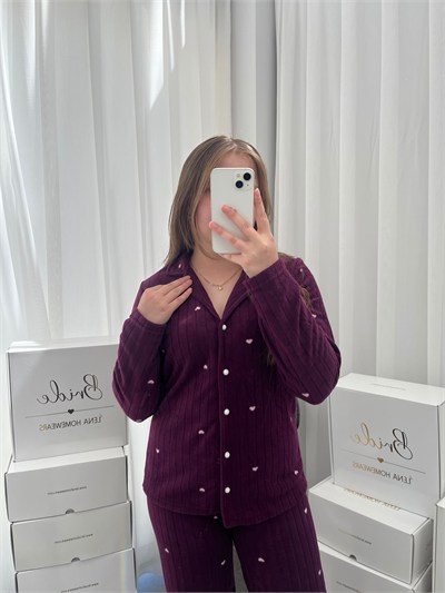 Mürdüm Kalp Desenli Peluş Pijama Takımı