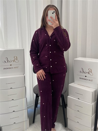 Mürdüm Kalp Desenli Peluş Pijama Takımı