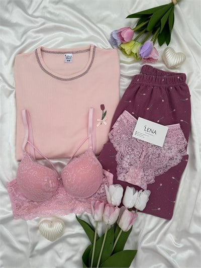 Mürdüm Lale İşlemeli 4lü Waffle Pijama Takımı