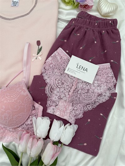 Mürdüm Lale İşlemeli 4lü Waffle Pijama Takımı