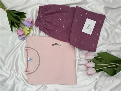 Mürdüm Lale İşlemeli Waffle Pijama Takımı