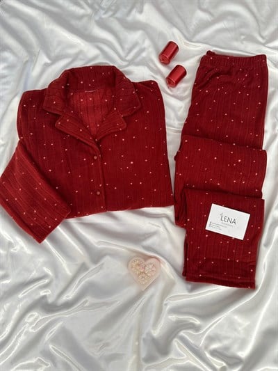 Bordo Benek Desenli Polar Yumoş Pijama Takım
