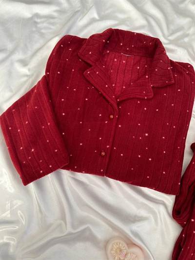Bordo Benek Desenli Polar Yumoş Pijama Takım