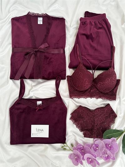 Mürdüm Sabahlıklı Kadife Pijama Seti
