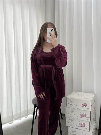 Mürdüm Sabahlıklı Kadife Pijama Seti