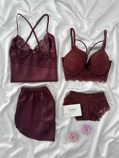 Mürdüm Saten 4lü Şortlu Takım