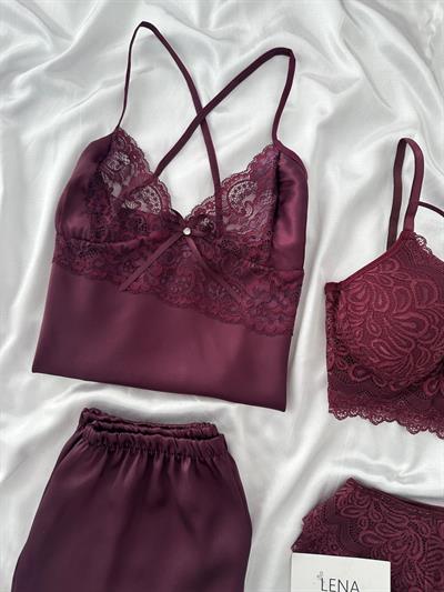 Mürdüm Saten 4lü Şortlu Takım