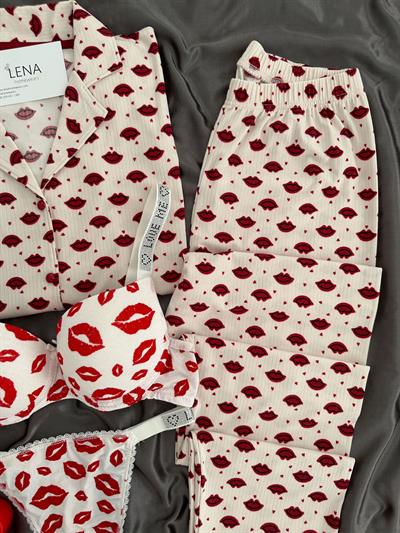 Mwouh Desenli Düğmeli Dörtlü Pijama Seti