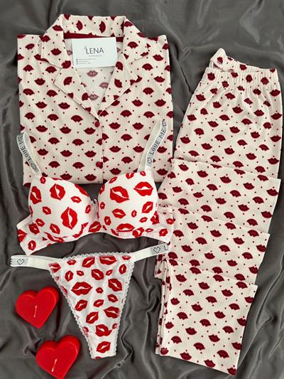 Mwouh Desenli Düğmeli Dörtlü Pijama Seti