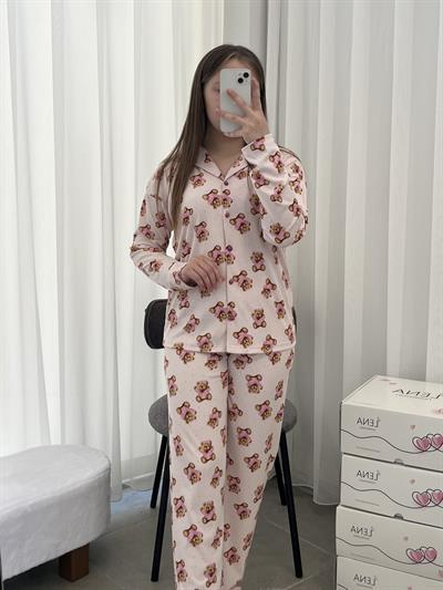 Pembe Ayıcık Desenli Uzun Kollu Pijama Takımı