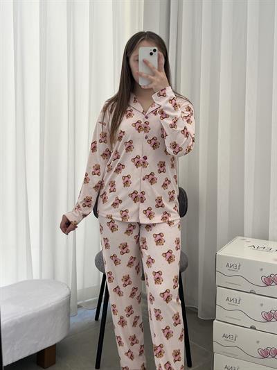 Pembe Ayıcık Desenli Uzun Kollu Pijama Takımı