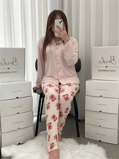Pembe Ayıcık Desenli Uzun Kollu Pijama Takımı