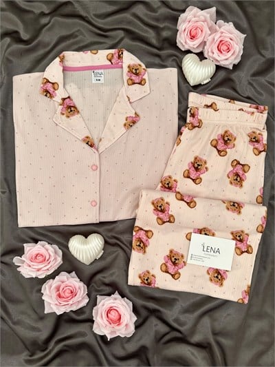 Pembe Ayıcık Desenli Uzun Kollu Pijama Takımı