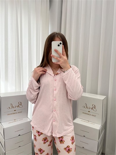 Pembe Ayıcık Desenli Uzun Kollu Pijama Takımı