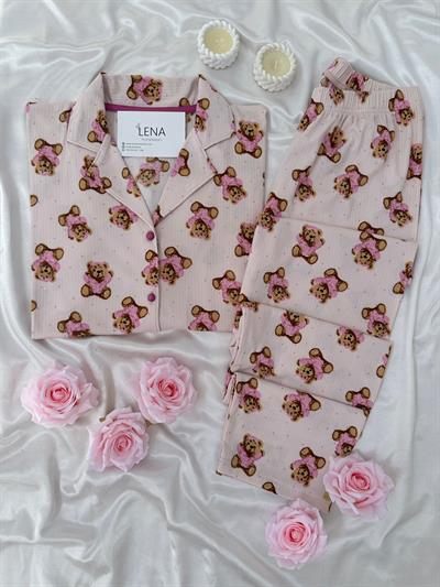 Pembe Ayıcık Desenli Uzun Kollu Pijama Takımı