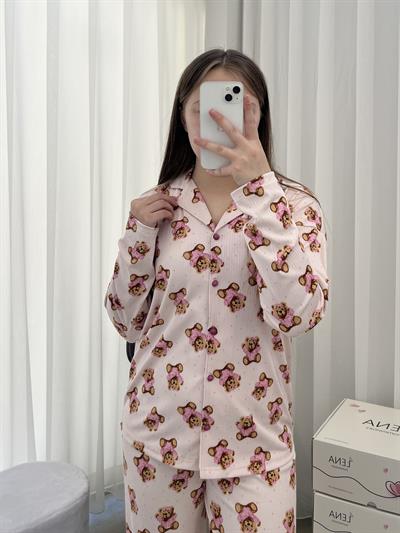 Pembe Ayıcık Desenli Uzun Kollu Pijama Takımı