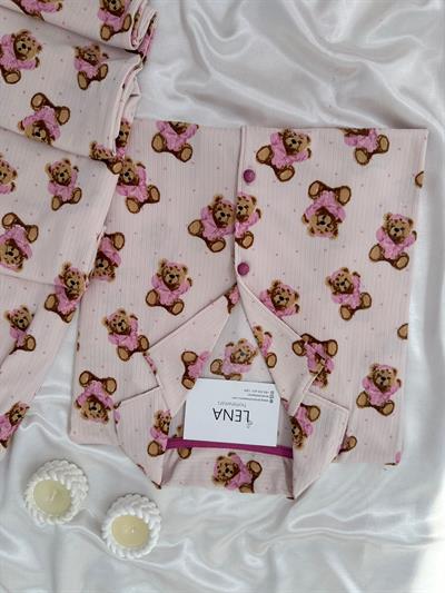 Pembe Ayıcık Desenli Uzun Kollu Pijama Takımı
