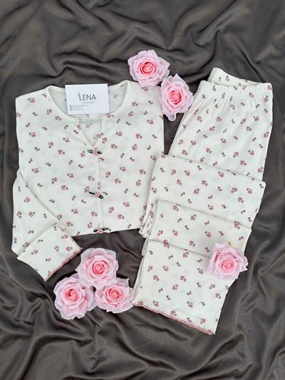 Pembe Çiçek Desenli Ekru Berlin Pijama Takımı
