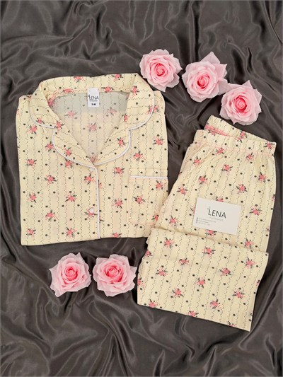 Pembe Çiçek Desenli Ekru Milan Uzun Kollu Pijama Takımı