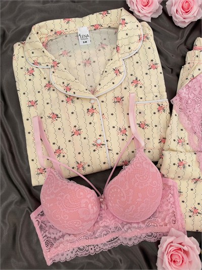 Pembe Çiçek Desenli Ekru Milan Uzun Kollu 4lü Pijama Takımı