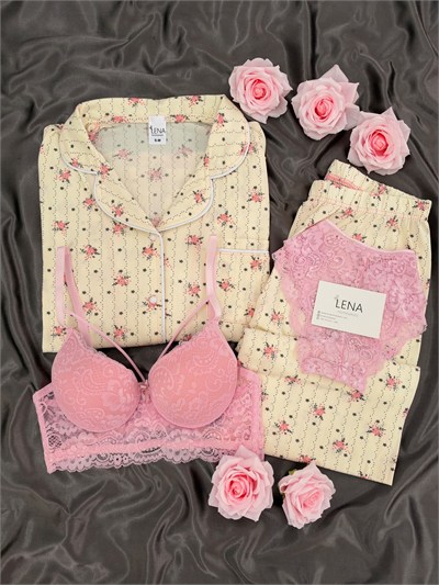 Pembe Çiçek Desenli Ekru Milan Uzun Kollu 4lü Pijama Takımı