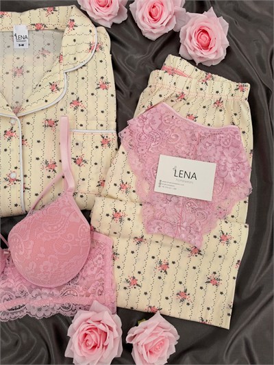 Pembe Çiçek Desenli Ekru Milan Uzun Kollu 4lü Pijama Takımı