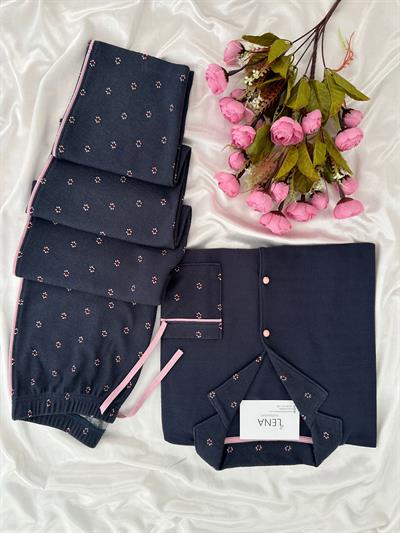 Pembe Çiçek Desenli Füme Waffle Premium Pijama Takımı