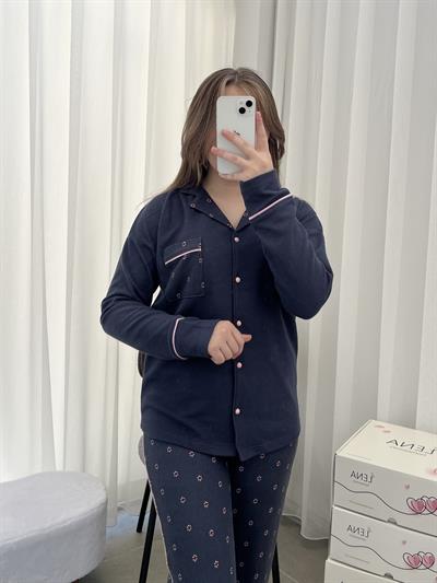 Çiçek Desenli Füme Waffle Premium Pijama Takımı