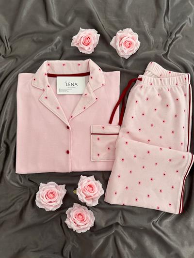 Çiçek Desenli Pembe Waffle Premium Pijama Takımı