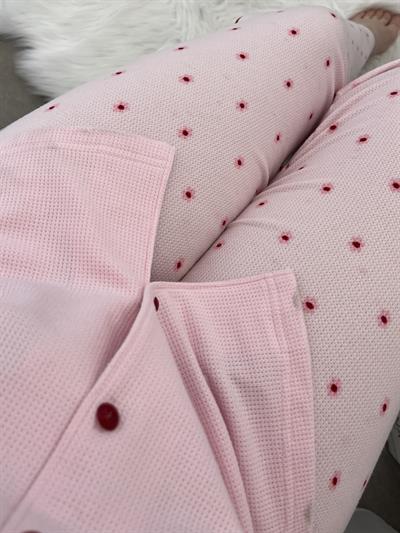 Çiçek Desenli Pembe Waffle Premium Pijama Takımı