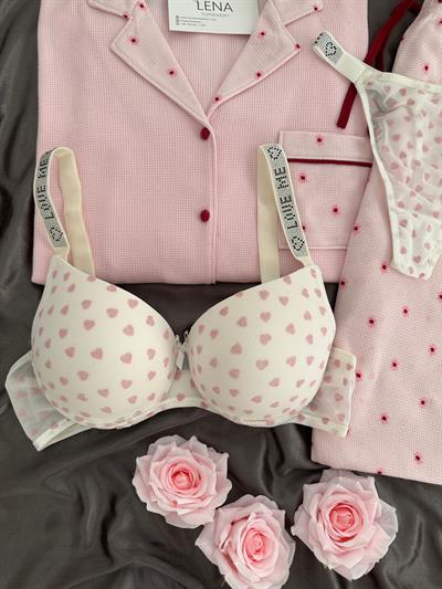 Pembe Çiçek Desenli Waffle Dörtlü Pijama Seti