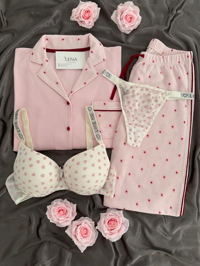 Pembe Çiçek Desenli Waffle Dörtlü Pijama Seti