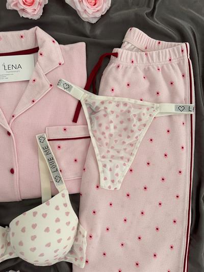 Pembe Çiçek Desenli Waffle Dörtlü Pijama Seti