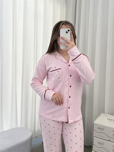 Pembe Çiçek Desenli Waffle Dörtlü Pijama Seti