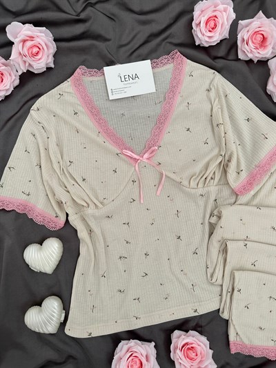Pembe Çiçek Kısa Kollu Raporlu Pijama Takımı