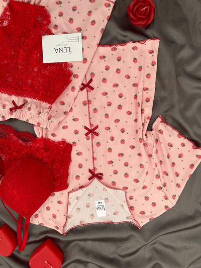 Pembe Çilek Desenli 4lü Crop Şortlu Pijama Takımı