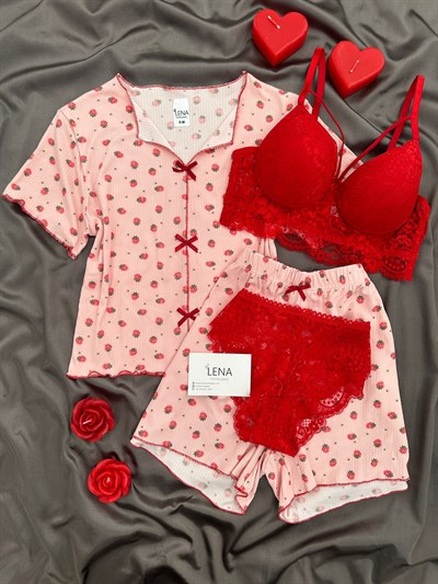 Pembe Çilek Desenli 4lü Crop Şortlu Pijama Takımı