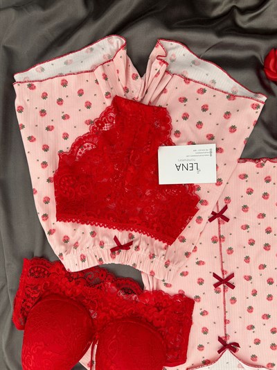Pembe Çilek Desenli 4lü Crop Şortlu Pijama Takımı